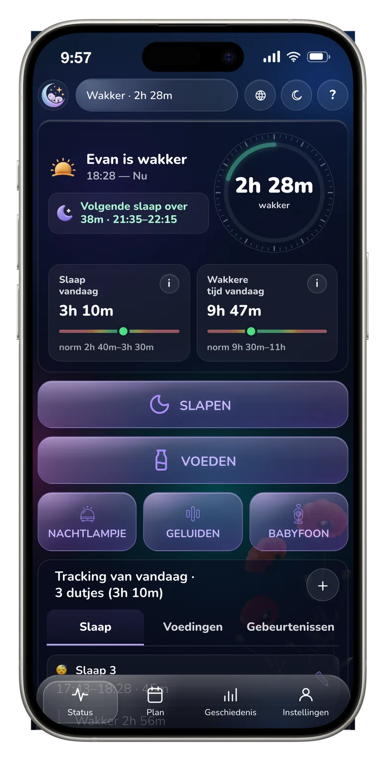 Scherm van de NapCoach-app met de tijd tot het volgende dutje