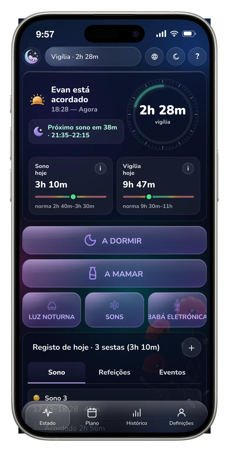 Ecrã da app NapCoach com o tempo que falta até à próxima sesta