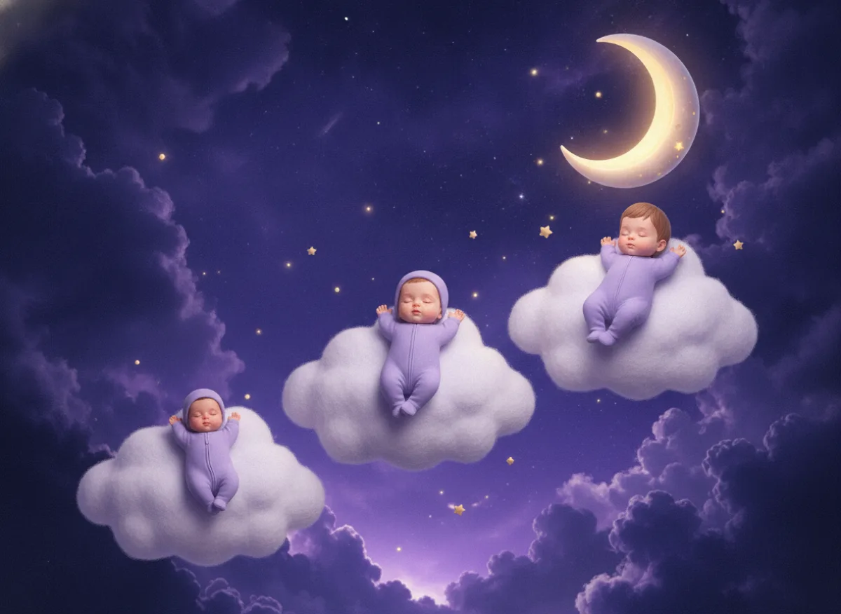 Trois bébés d’âges croissants endormis sur le dos sur des nuages qui montent comme des marches vers la lune