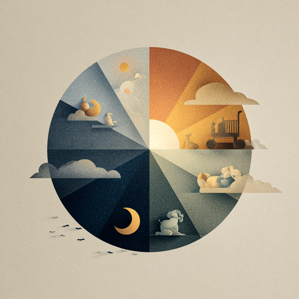 Иллюстрация спокойного плана дня малыша от утра до ночи.