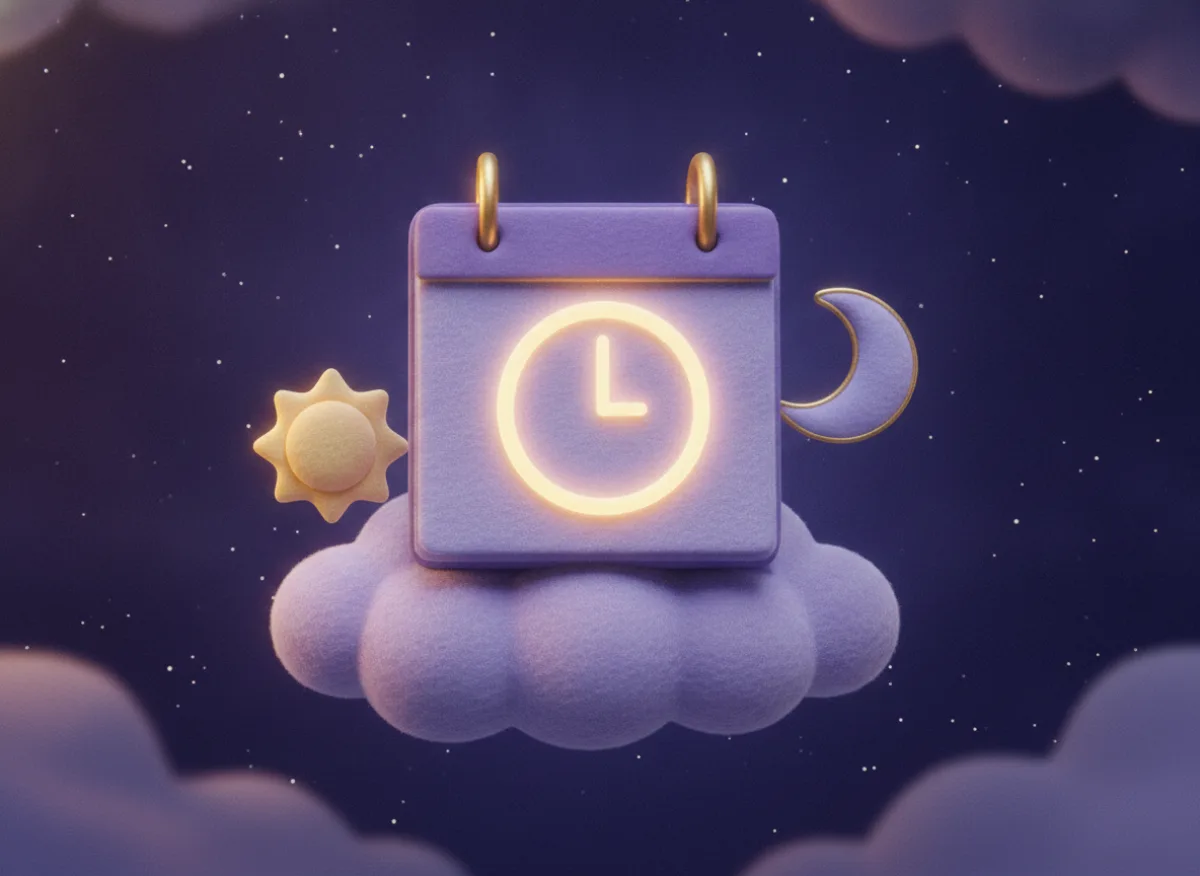Ein Kalender mit Uhr auf einer Wolke zwischen Sonne und Mond