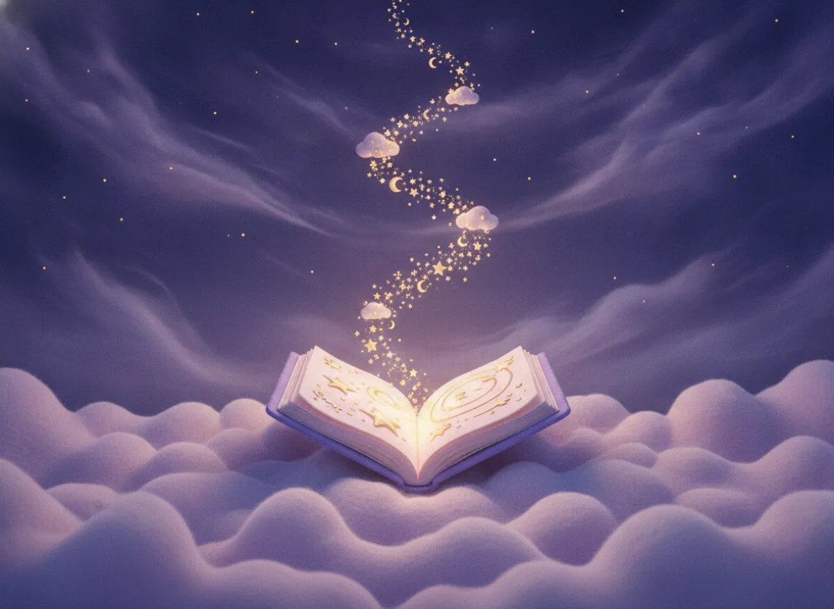 Ein aufgeschlagenes Buch auf Wolken, aus dessen Seiten Sterne und ein Mond aufsteigen