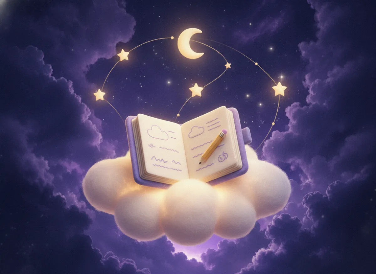 Ein Schlaftagebuch für Babys auf einer Wolke, darüber Sterne, die zu einem Sternbild verbunden sind