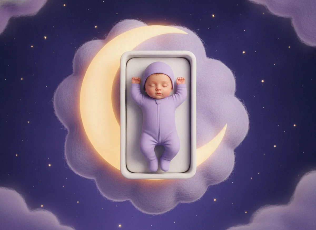 Ein Neugeborenes schläft auf dem Rücken in einem leeren Stubenwagen auf einer Wolke unter dem Mond