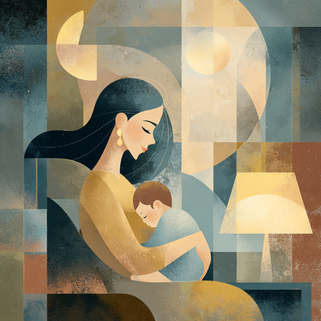 Иллюстрация родителя, который успокаивает малыша в сложный период со сном.