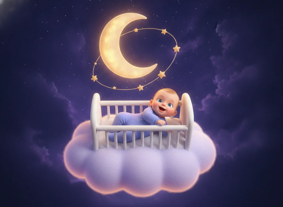 Ein hellwaches Baby in einem Bettchen auf einer Wolke, das lächelnd zum Mond hinaufschaut