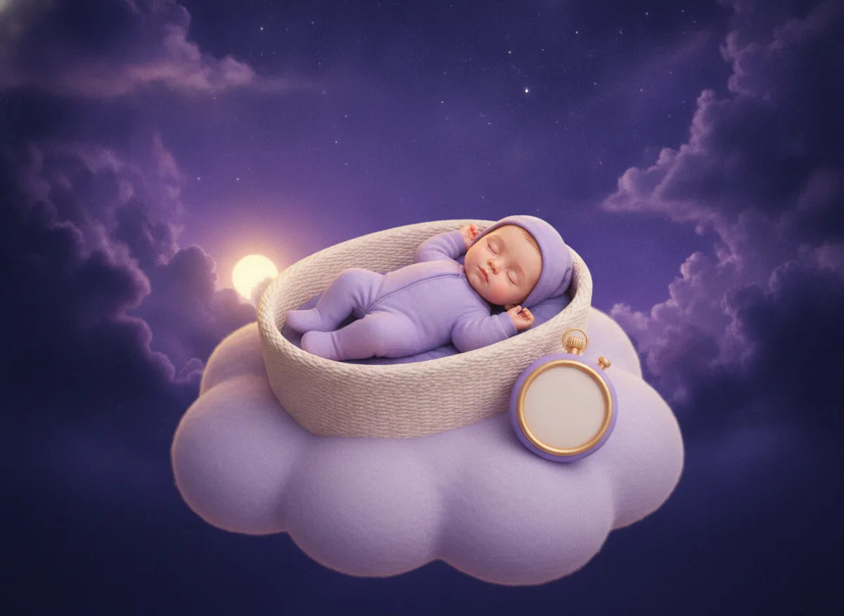 Un bebé dormido boca arriba en un moisés de mimbre sobre una nube, junto a un cronómetro