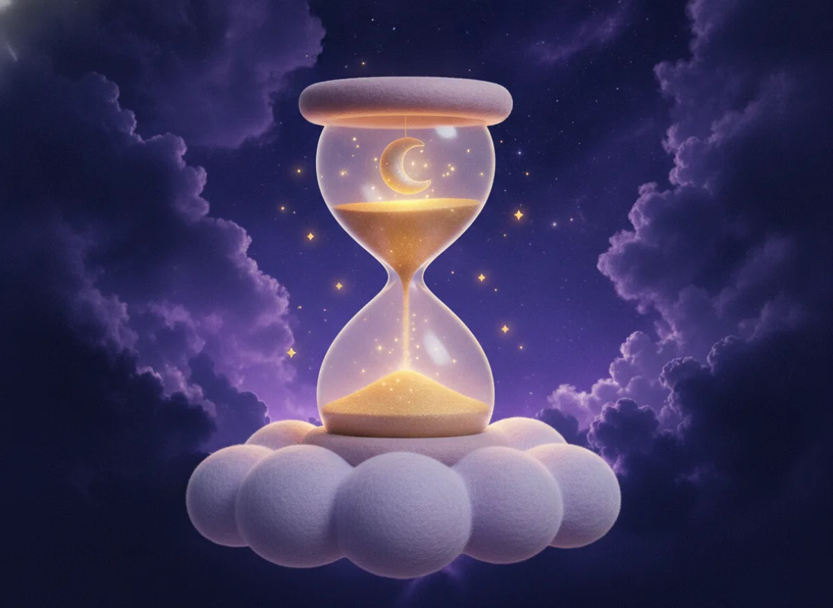 Un reloj de arena con arena dorada y una luna creciente sobre una nube